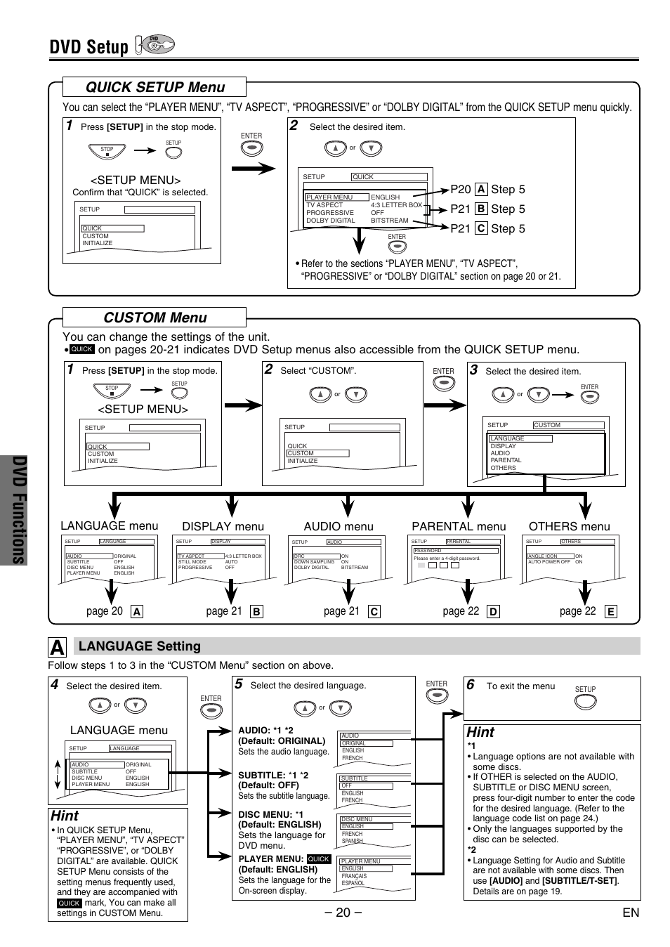 Dvd functions, Dvd setup, Hint | Quick setup menu, Custom menu, Language setting, Language menu p20, Step 5 p21, Step 5, You can change the settings of the unit | Philco PVD2000 User Manual | Page 20 / 28
