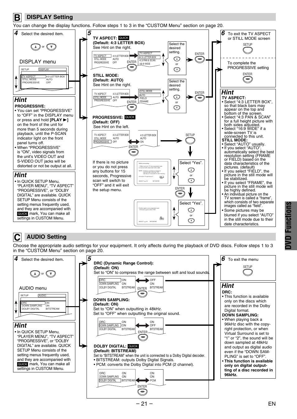 Dvd functions, 5hint, Hint | 21 – display setting, Audio setting, Display menu | Philco PVD2000 User Manual | Page 21 / 28