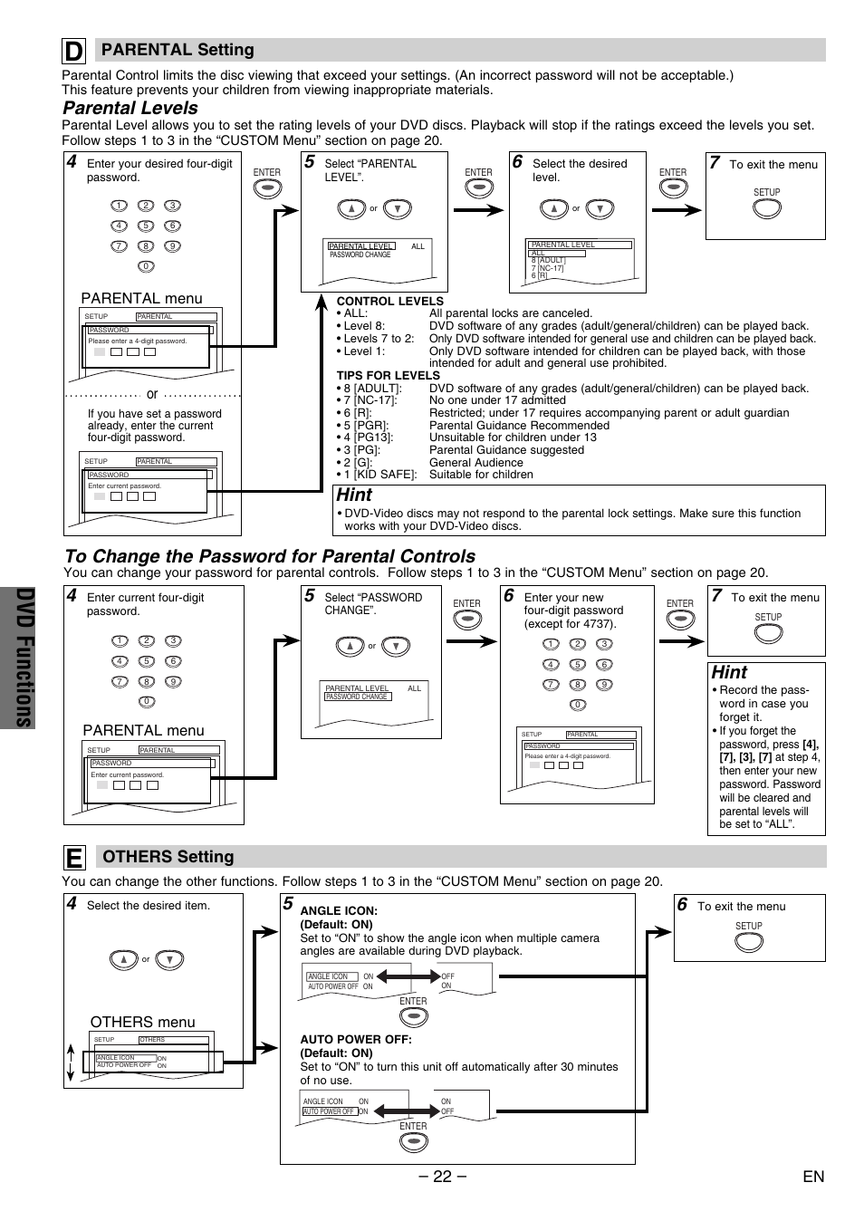 Dvd functions, Hint, Parental levels | Parental setting, Others setting, Parental menu, Others menu | Philco PVD2000 User Manual | Page 22 / 28