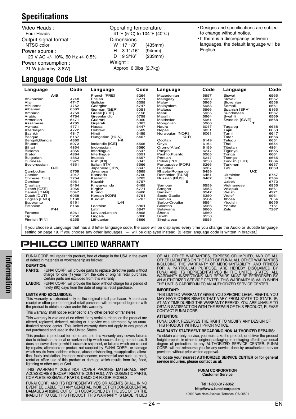 Information, Language code list specifications, Limited warranty | Video heads, Output signal format, Power source, Power consumption, Operating temperature, Dimensions, Weight | Philco PVD2000 User Manual | Page 24 / 28