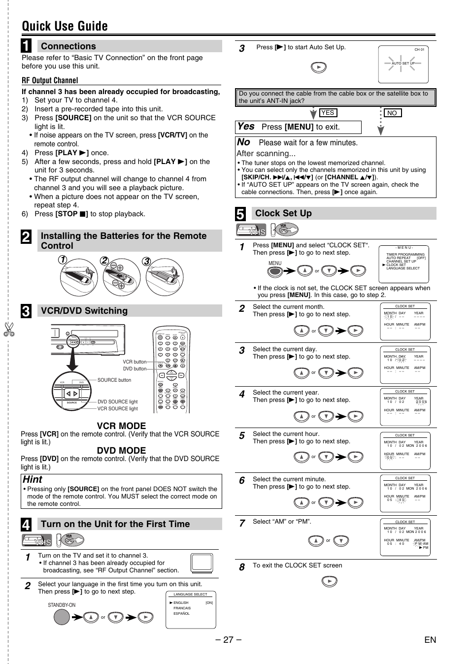 Quick use guide, Hint, Connections clock set up | Installing the batteries for the remote control, Vcr mode, Dvd mode, Rf output channel, Please wait for a few minutes. after scanning, Press [menu] to exit | Philco PVD2000 User Manual | Page 27 / 28