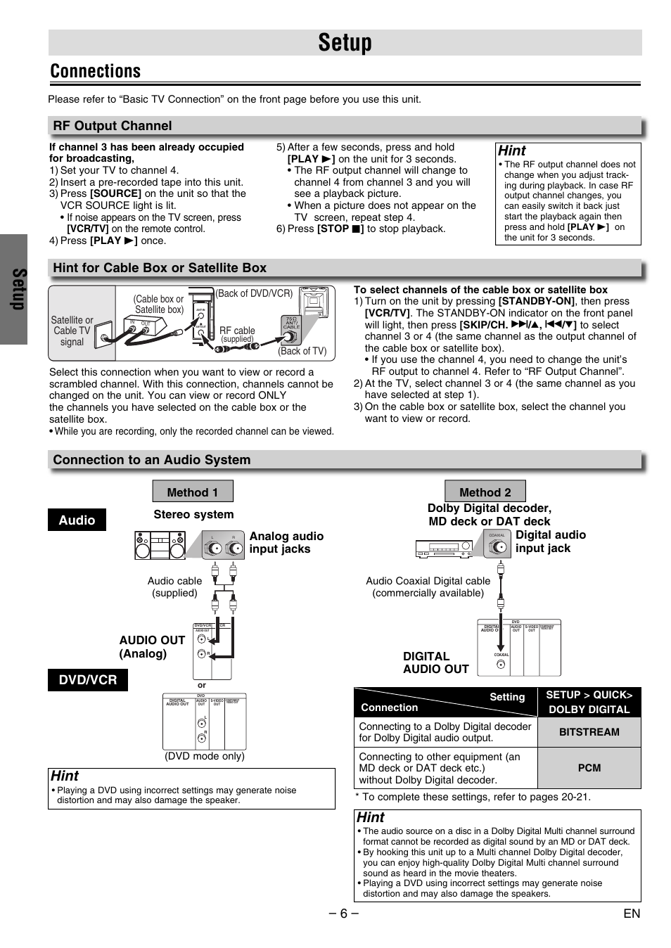 Setup, Connections, Hint | Hint for cable box or satellite box, Connection to an audio system, Rf output channel, Audio dvd/vcr | Philco PVD2000 User Manual | Page 6 / 28