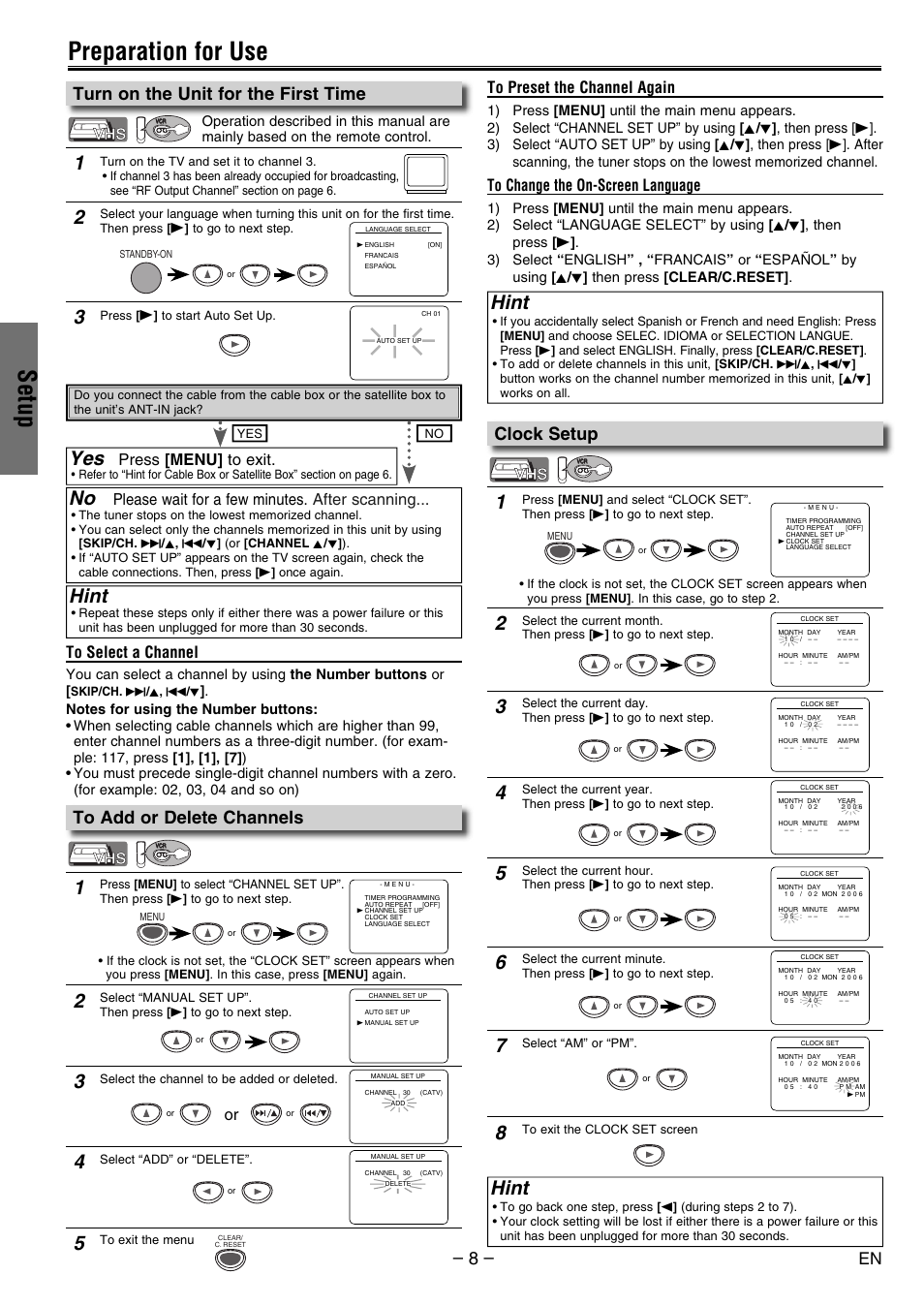 Setup, Preparation for use, Hint | Turn on the unit for the first time, Clock setup, Please wait for a few minutes. after scanning, Press [menu] to exit | Philco PVD2000 User Manual | Page 8 / 28