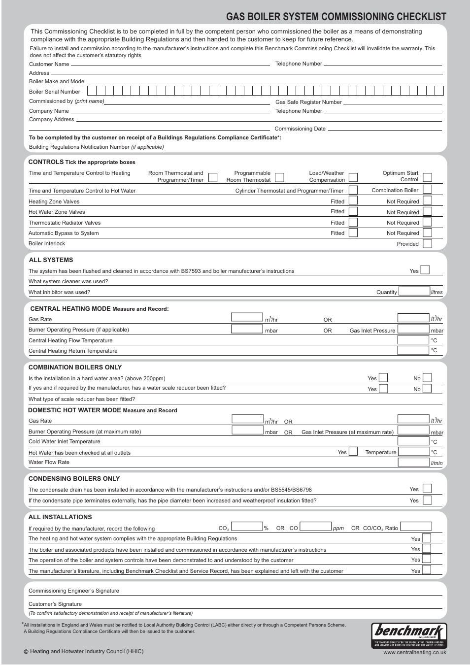 Gas boiler system commissioning checklist | Potthof & Co Potterton Gold HE Range Condensing Combination Boiler 33kw User Manual | Page 62 / 64