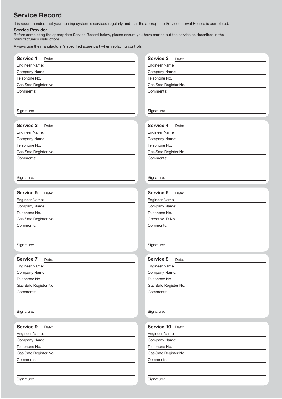 Service record | Potthof & Co Potterton Gold HE Range Condensing Combination Boiler 33kw User Manual | Page 63 / 64