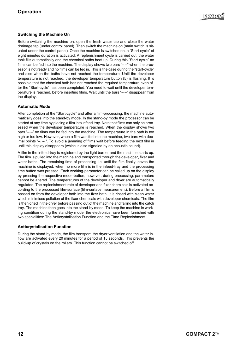 12 compact 2, Operation | Protec Protech Compact2 Film Processor SX 2 User Manual | Page 12 / 58