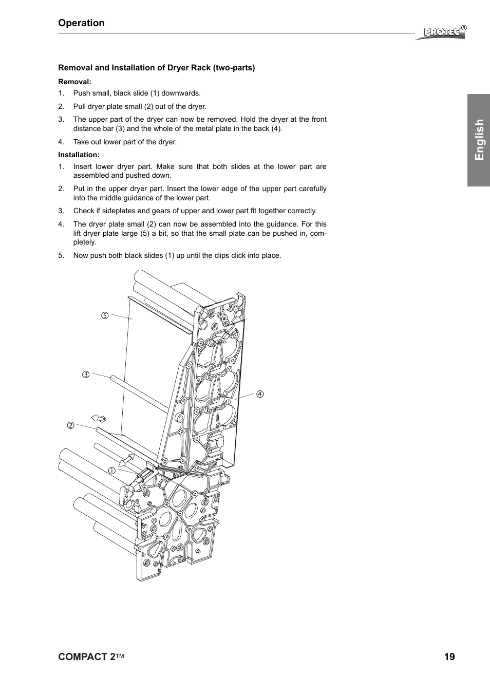 English, Compact 2, 19 operation | Fg e d c | Protec Protech Compact2 Film Processor SX 2 User Manual | Page 19 / 58