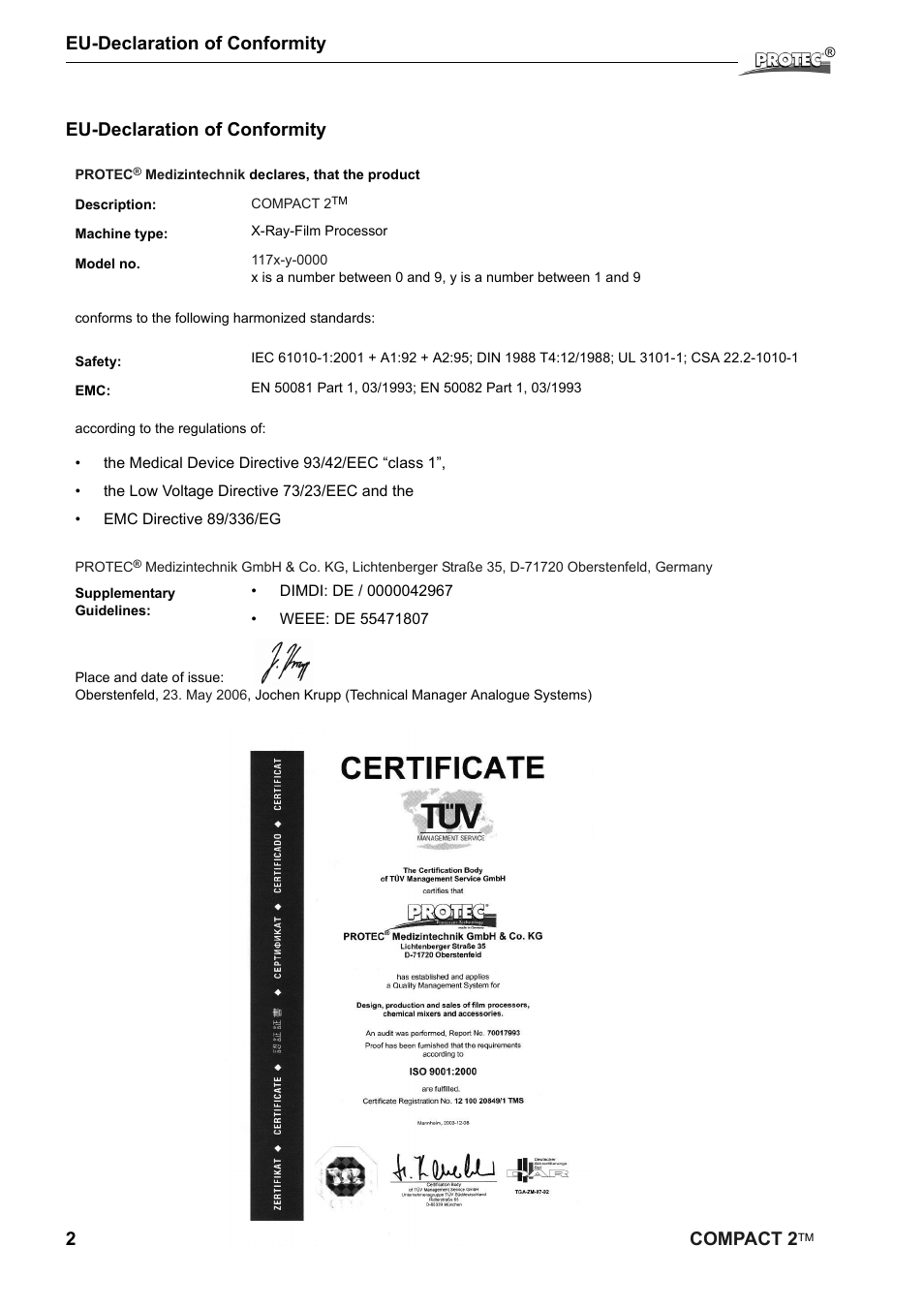 2compact 2, Eu-declaration of conformity | Protec Protech Compact2 Film Processor SX 2 User Manual | Page 2 / 58