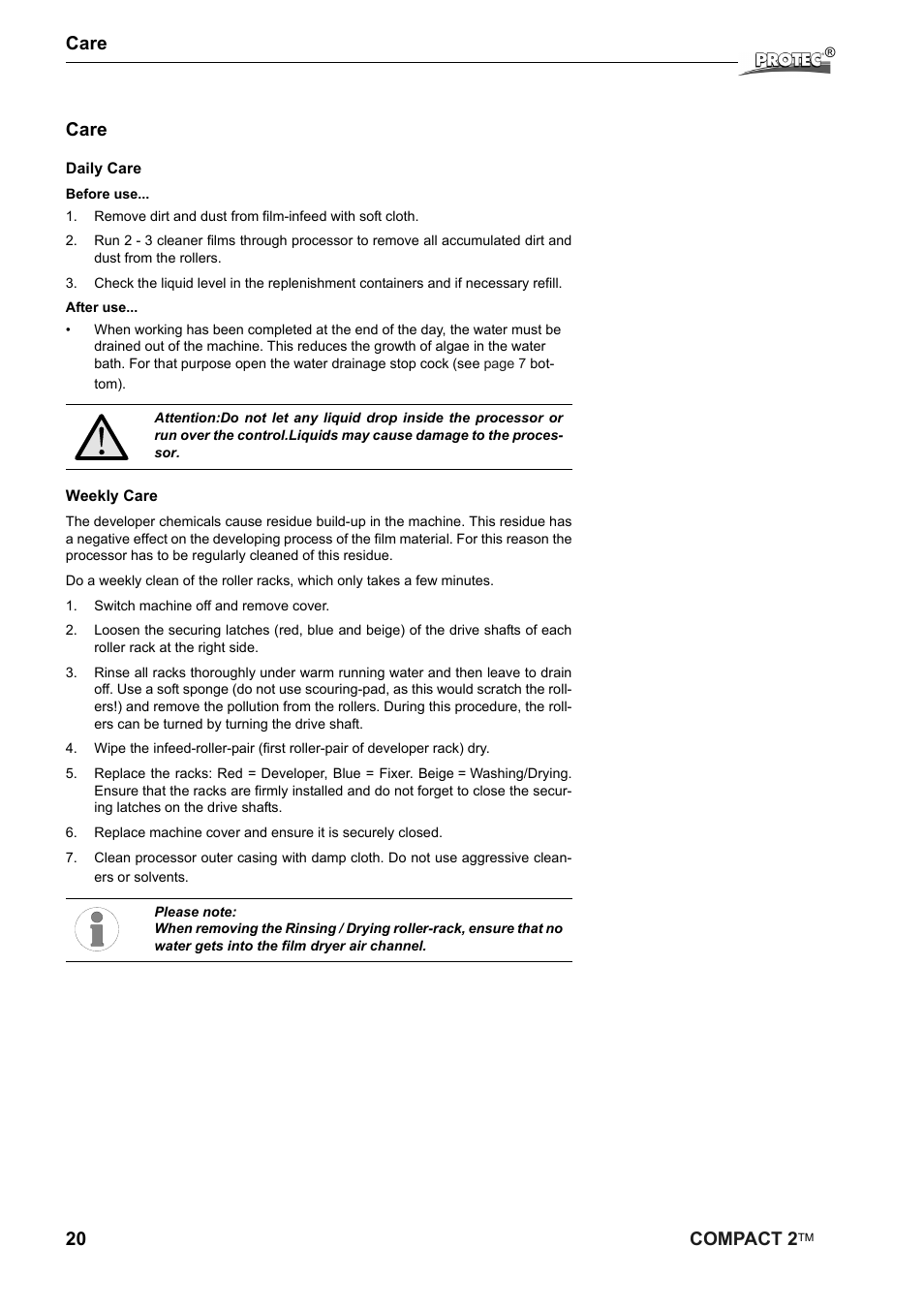 20 compact 2, Care | Protec Protech Compact2 Film Processor SX 2 User Manual | Page 20 / 58