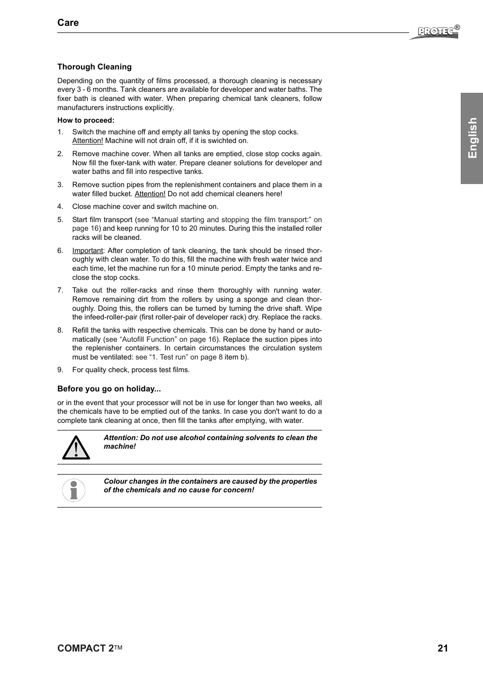 English, Compact 2, 21 care | Protec Protech Compact2 Film Processor SX 2 User Manual | Page 21 / 58
