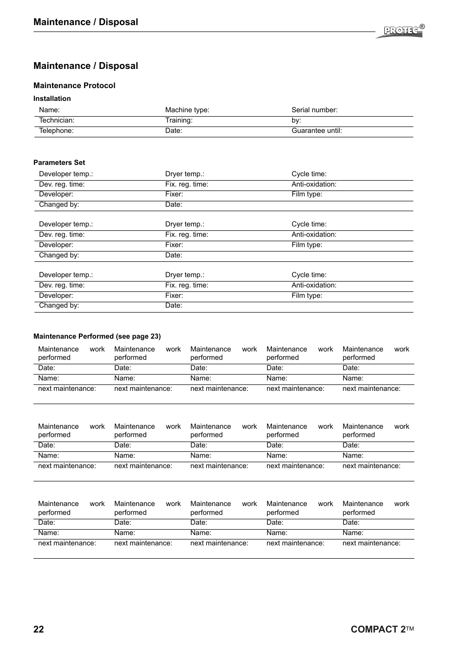 22 compact 2, Maintenance / disposal | Protec Protech Compact2 Film Processor SX 2 User Manual | Page 22 / 58