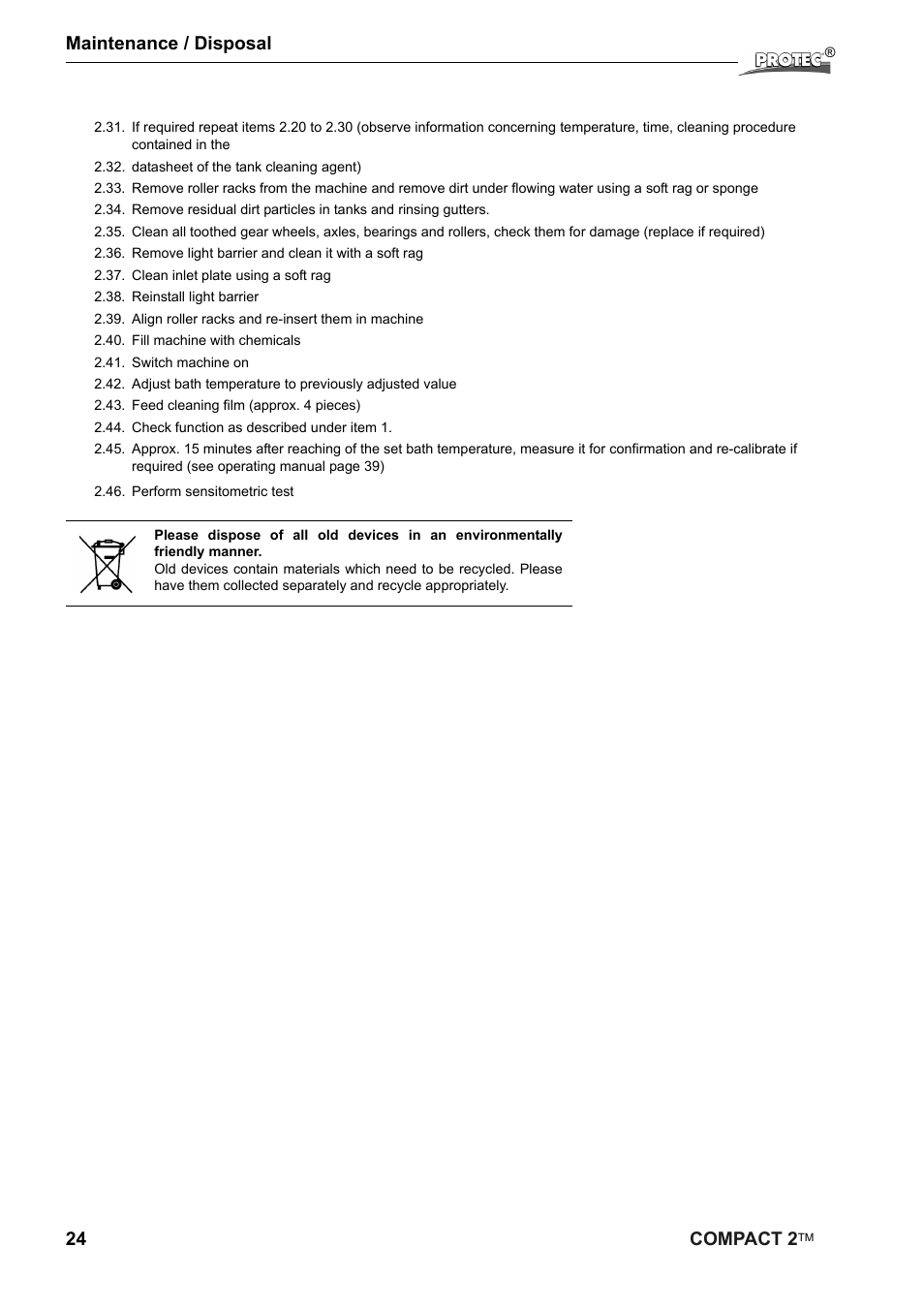 24 compact 2, Maintenance / disposal | Protec Protech Compact2 Film Processor SX 2 User Manual | Page 24 / 58