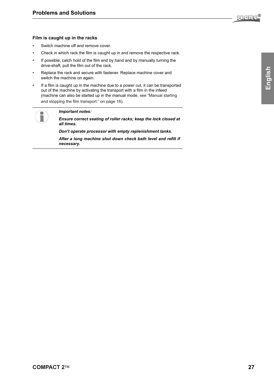 English, Compact 2, 27 problems and solutions | Protec Protech Compact2 Film Processor SX 2 User Manual | Page 27 / 58