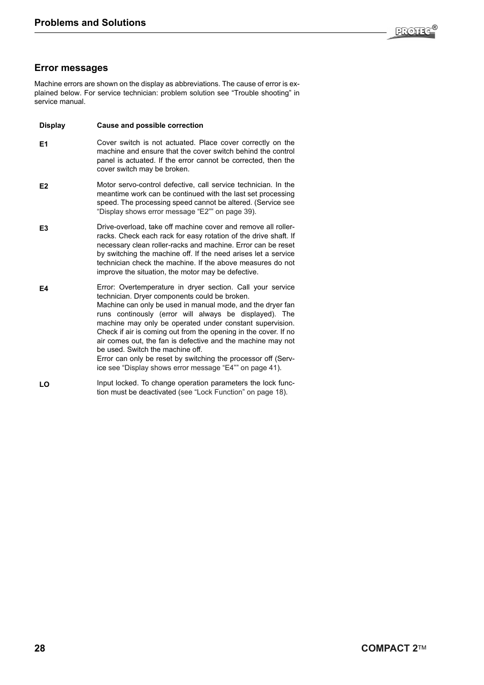 28 compact 2, Problems and solutions, Error messages | Protec Protech Compact2 Film Processor SX 2 User Manual | Page 28 / 58