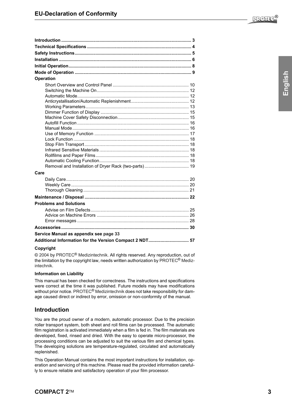 English, Compact 2, 3eu-declaration of conformity | Introduction | Protec Protech Compact2 Film Processor SX 2 User Manual | Page 3 / 58