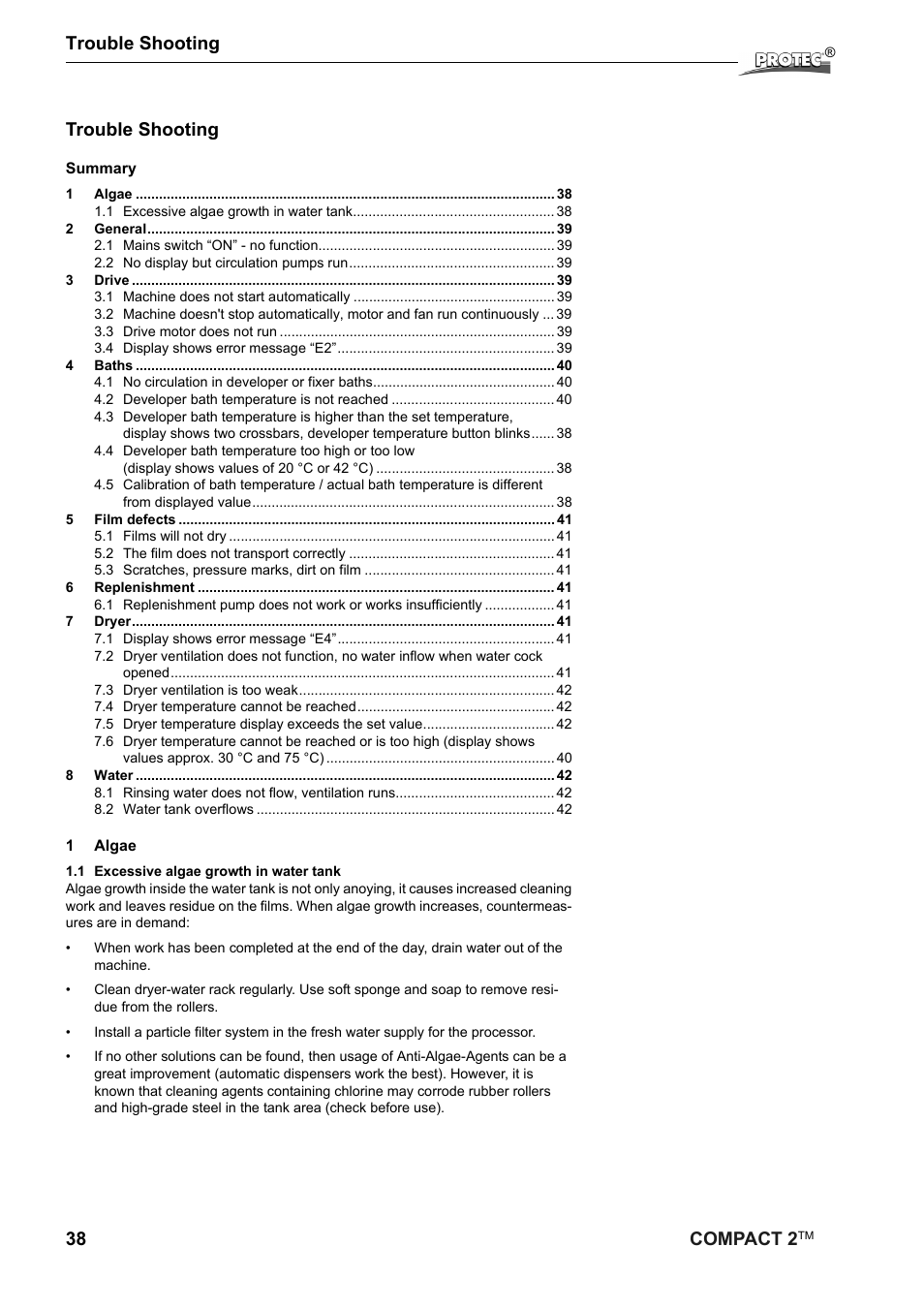 38 compact 2, Trouble shooting | Protec Protech Compact2 Film Processor SX 2 User Manual | Page 38 / 58