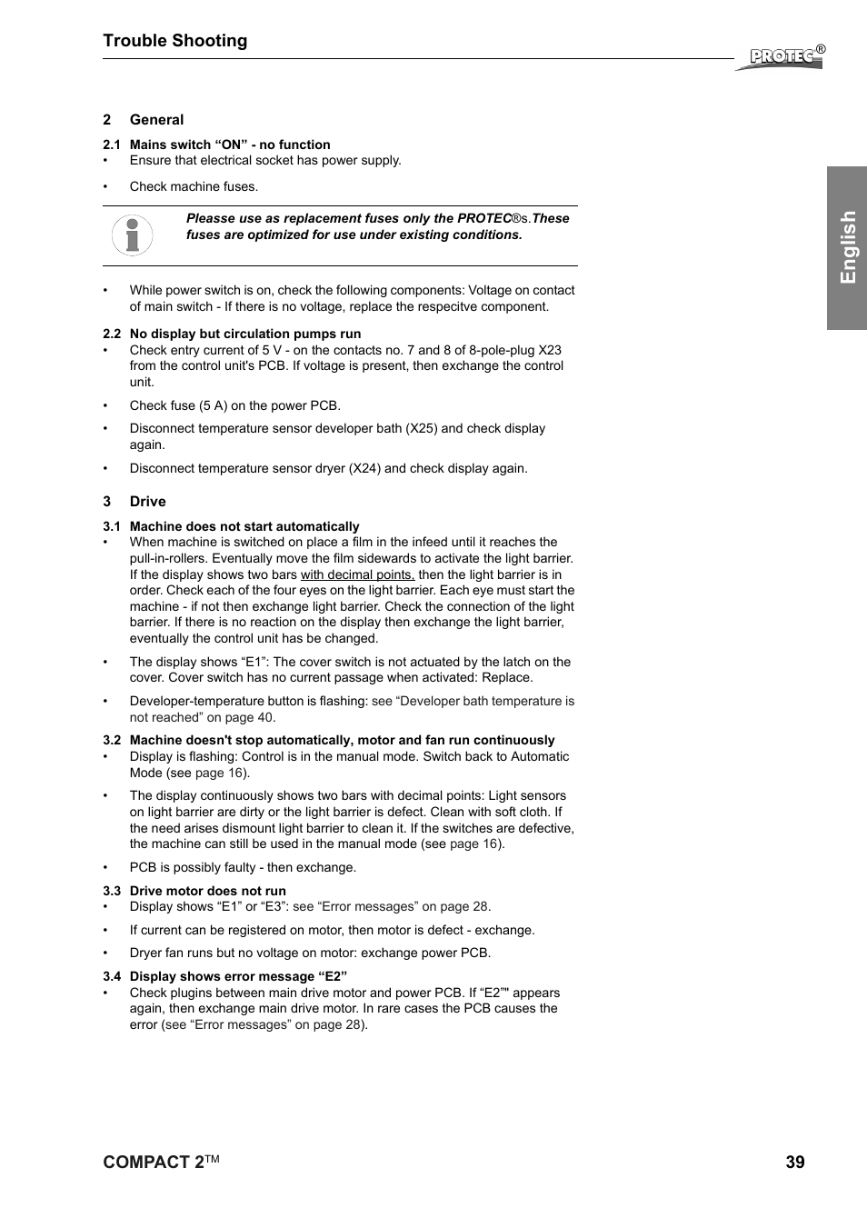 English, Compact 2, 39 trouble shooting | Protec Protech Compact2 Film Processor SX 2 User Manual | Page 39 / 58