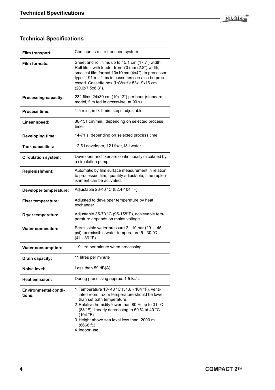 4compact 2, Technical specifications | Protec Protech Compact2 Film Processor SX 2 User Manual | Page 4 / 58