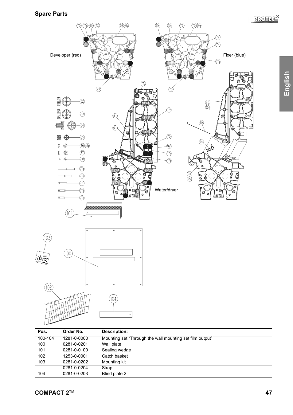 English, Compact 2, 47 spare parts | Protec Protech Compact2 Film Processor SX 2 User Manual | Page 47 / 58