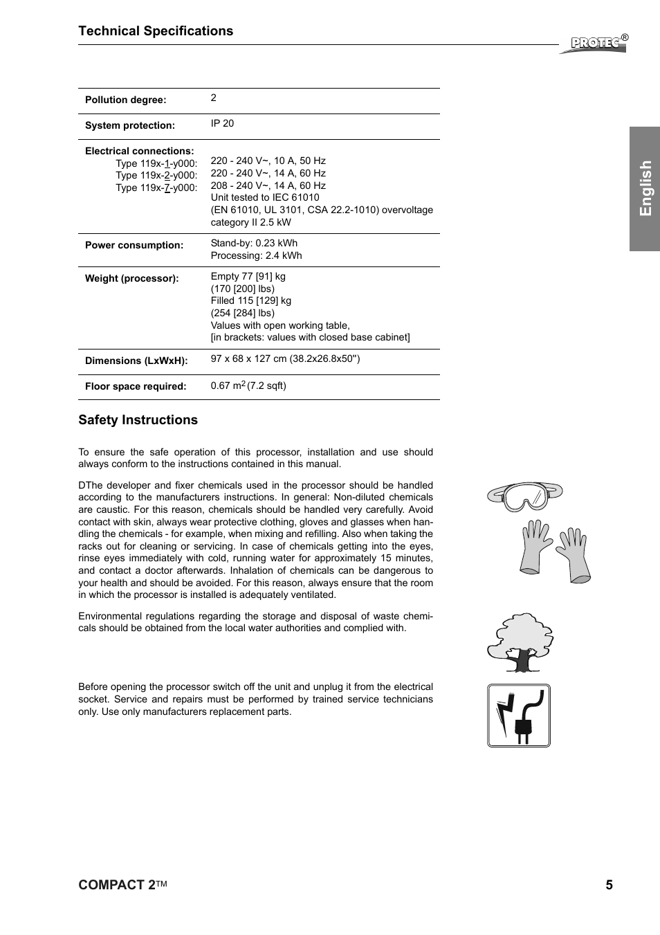 English, Compact 2, 5technical specifications | Safety instructions | Protec Protech Compact2 Film Processor SX 2 User Manual | Page 5 / 58