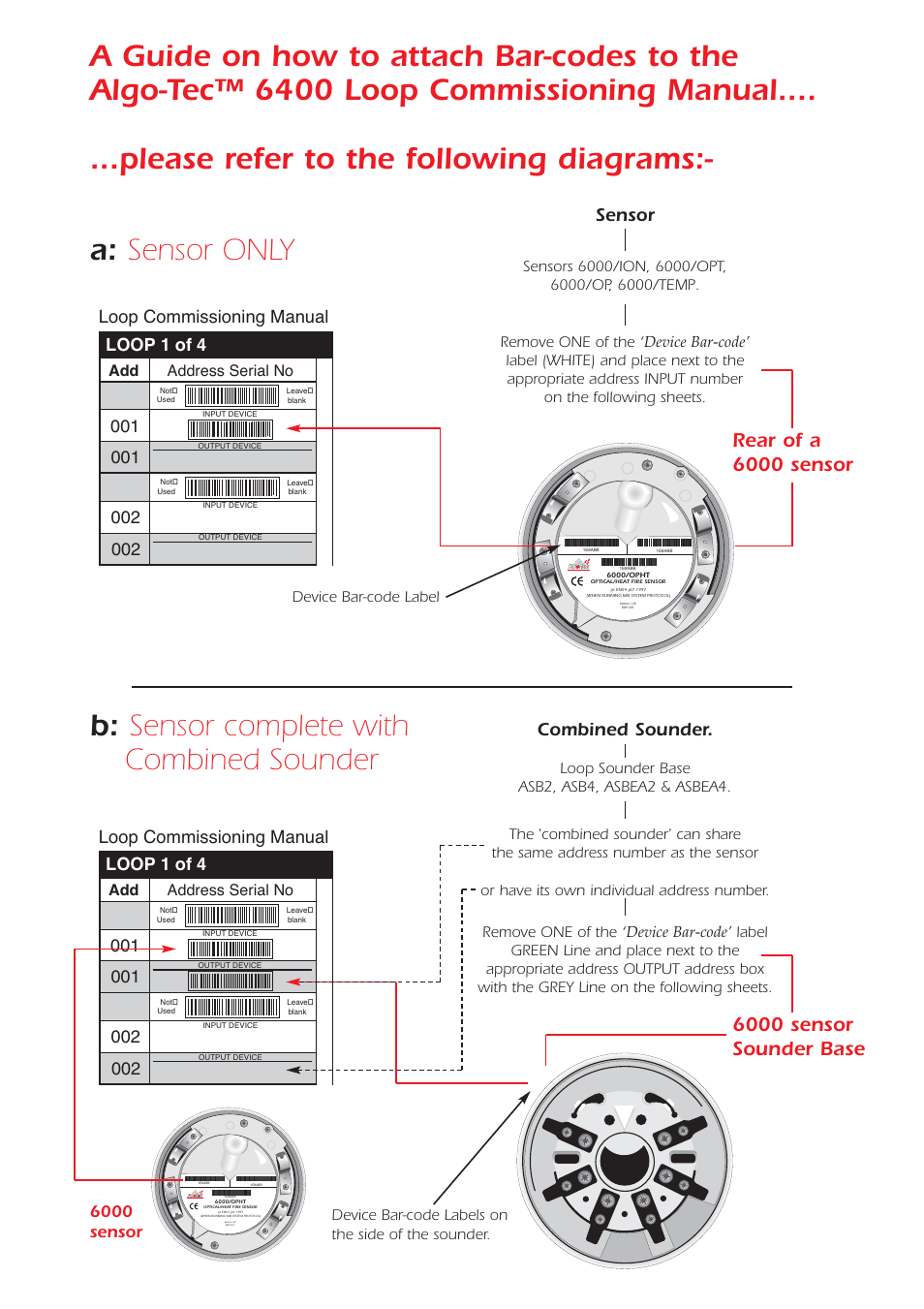 Rear of a 6000 sensor, 6000 sensor sounder base, Combined sounder | Sensor, Loop commissioning manual 001, Loop 1 of 4, 6000 sensor | Protec Loop Commisioning 6400 User Manual | Page 2 / 26