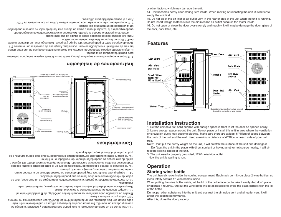 Features características installation instruction, Operation, Instrucciones de instalación | Storing wine bottle, Feature, Specification, Fea tur e, Spe cifi cat ion | Professional Series PS72122 User Manual | Page 3 / 6