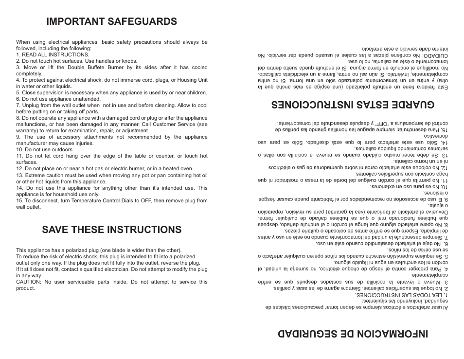 Important safeguards, Save these instructions, Informacion de seguridad | Guarde estas instrucciones | Professional Series PS77311 User Manual | Page 2 / 4