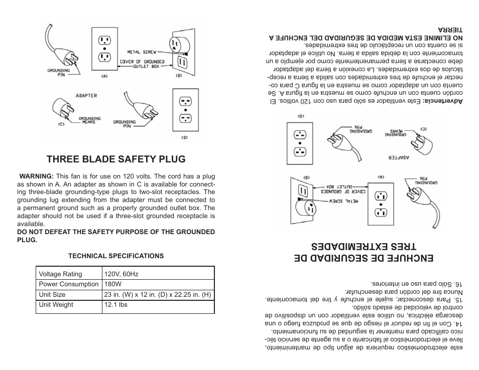 Three blade safety plug, Enchufe de seguridad de tres extremidades | Professional Series PS77611 User Manual | Page 4 / 6