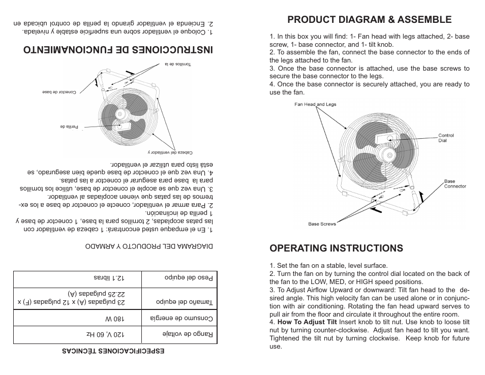 Product diagram & assemble, Operating instructions, Instrucciones de funcionamiento | Professional Series PS77611 User Manual | Page 5 / 6