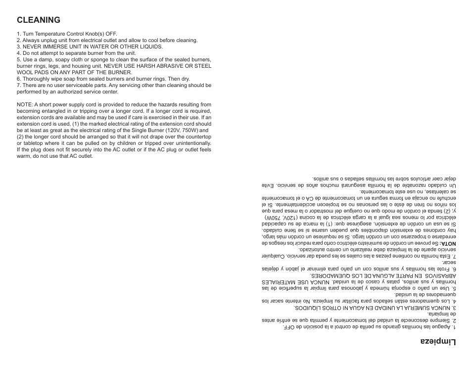 Limpieza, Cleaning | Professional Series PS77301 User Manual | Page 4 / 4