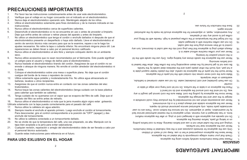 Precauciones importantes, Important safeguards, Para uso exlusivo en el hogar | Professional Series CAFETERA PS77651 User Manual | Page 2 / 4