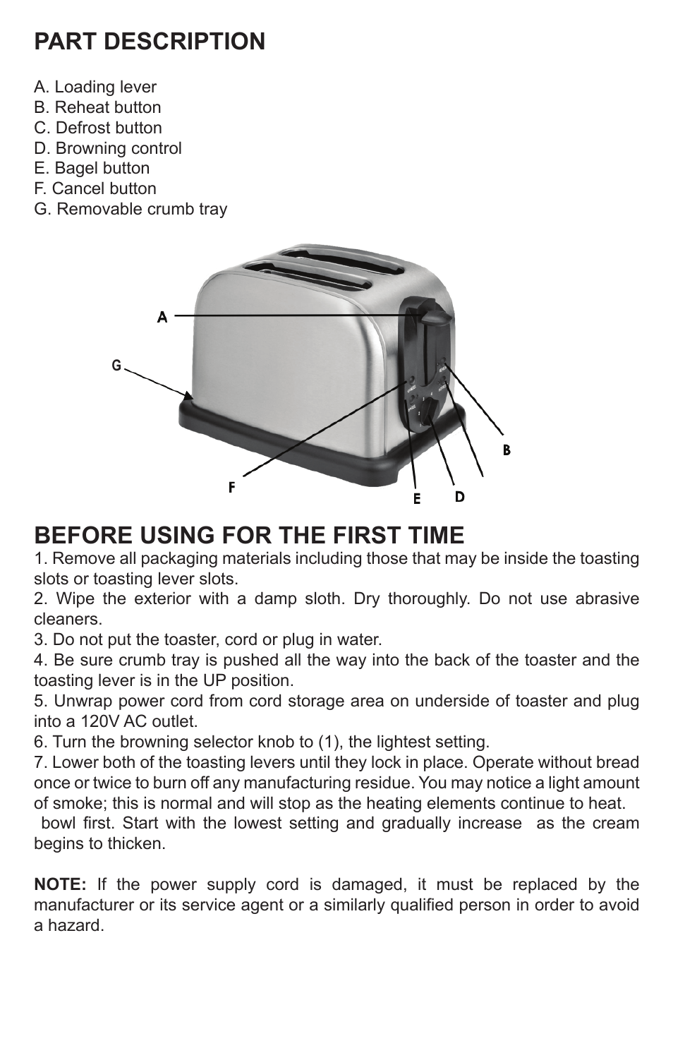 Part description, Before using for the first time | Professional Series PS77401 User Manual | Page 3 / 10