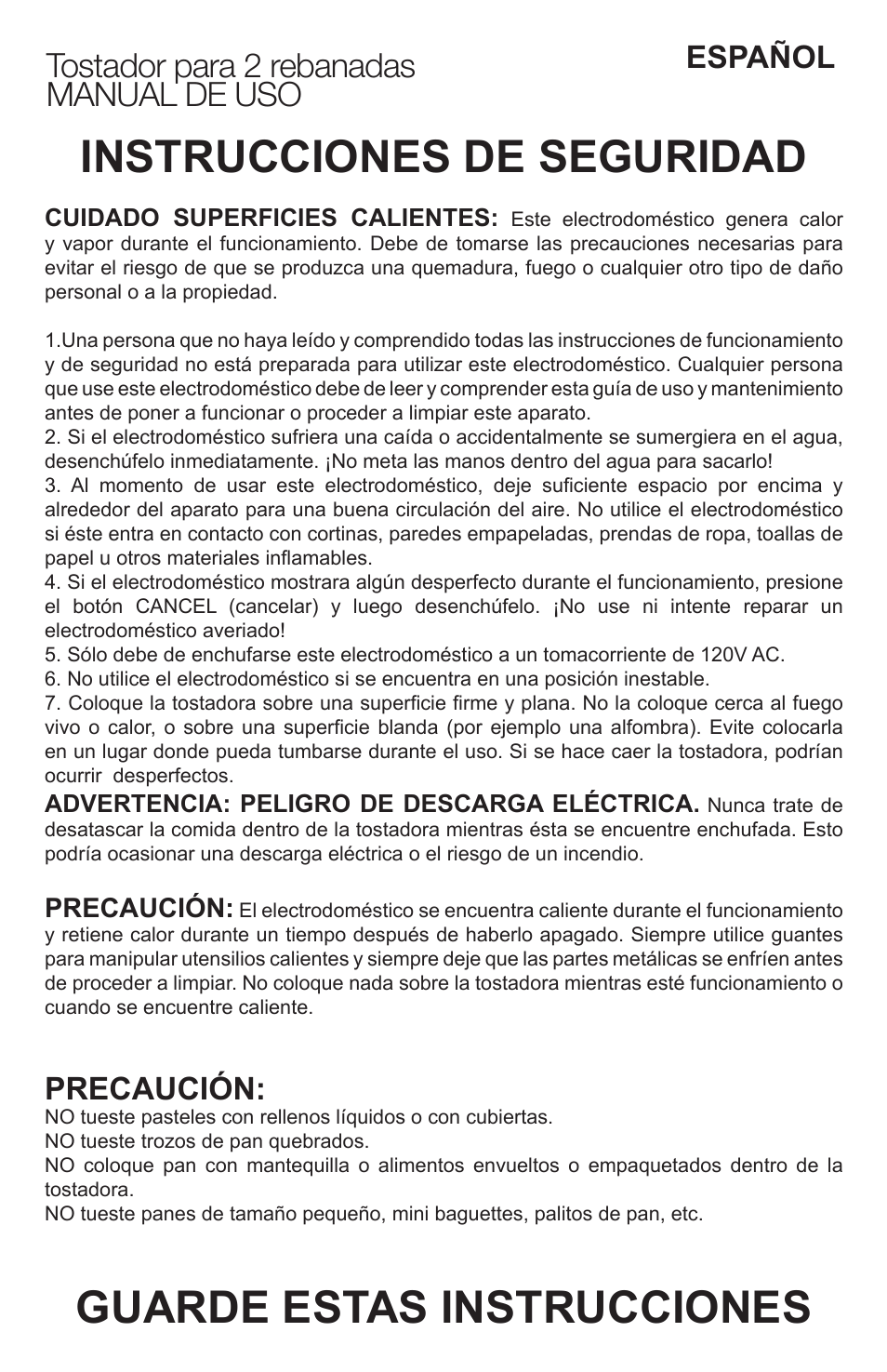 Instrucciones de seguridad, Guarde estas instrucciones, Tostador para 2 rebanadas manual de uso | Español, Precaución | Professional Series PS77401 User Manual | Page 5 / 10