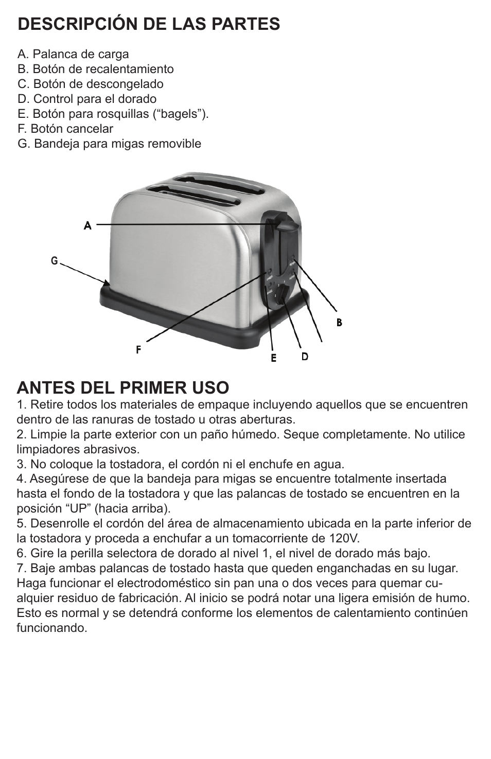 Descripción de las partes, Antes del primer uso | Professional Series PS77401 User Manual | Page 6 / 10