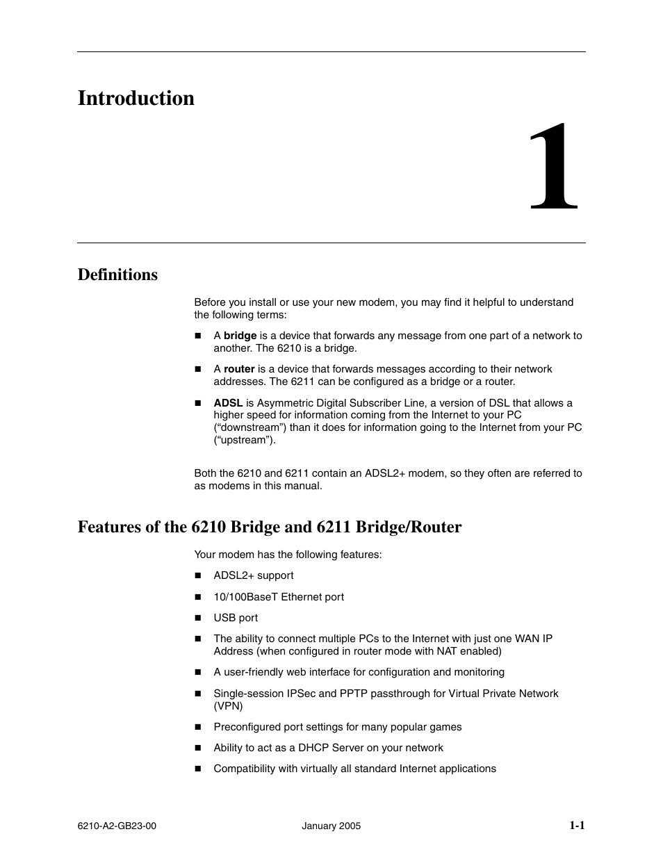 Introduction, Definitions, Features of the 6210 bridge and 6211 bridge/router | Chapter 1, introduction | Paradyne 6211 User Manual | Page 13 / 72