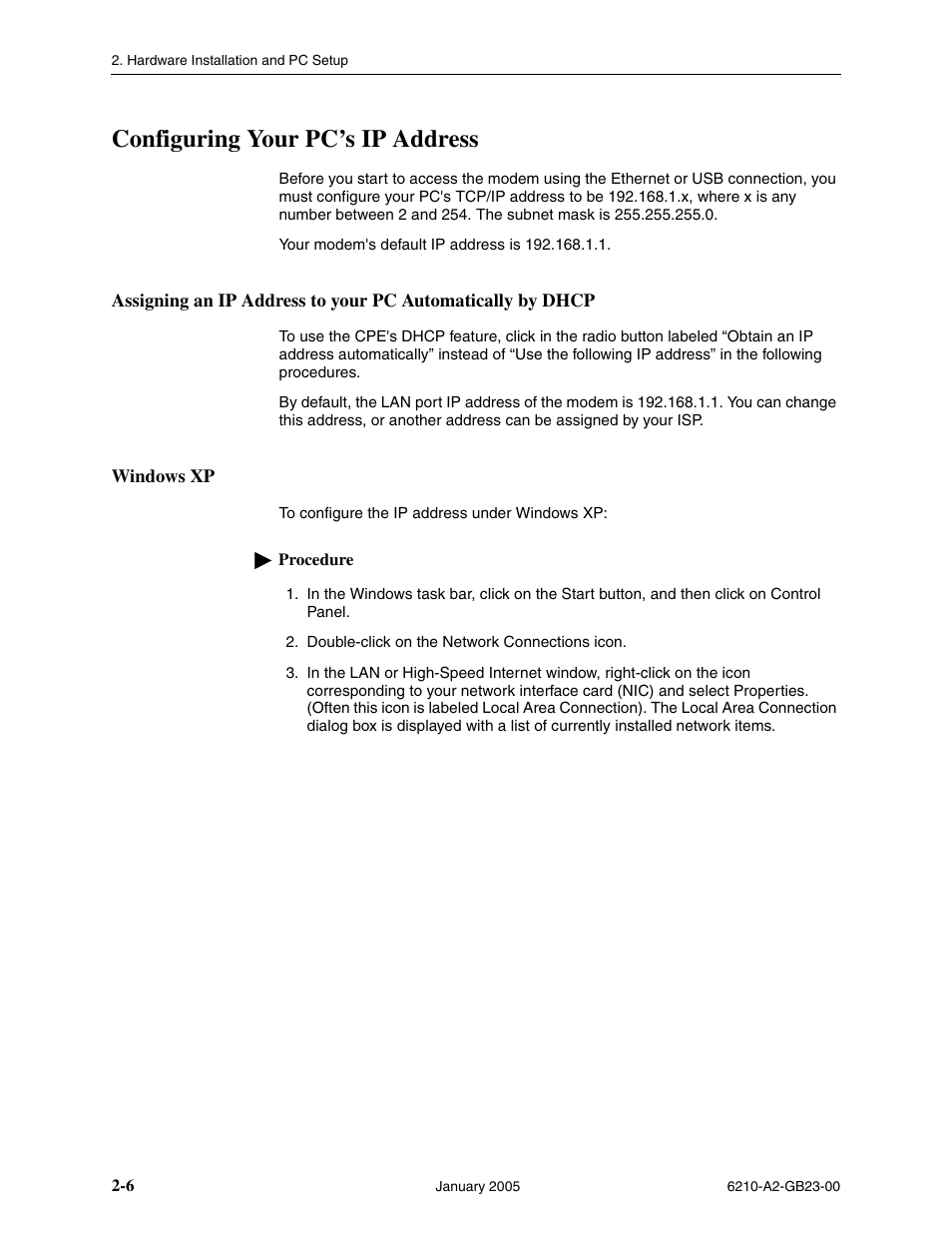 Configuring your pc’s ip address, Windows xp | Paradyne 6211 User Manual | Page 22 / 72