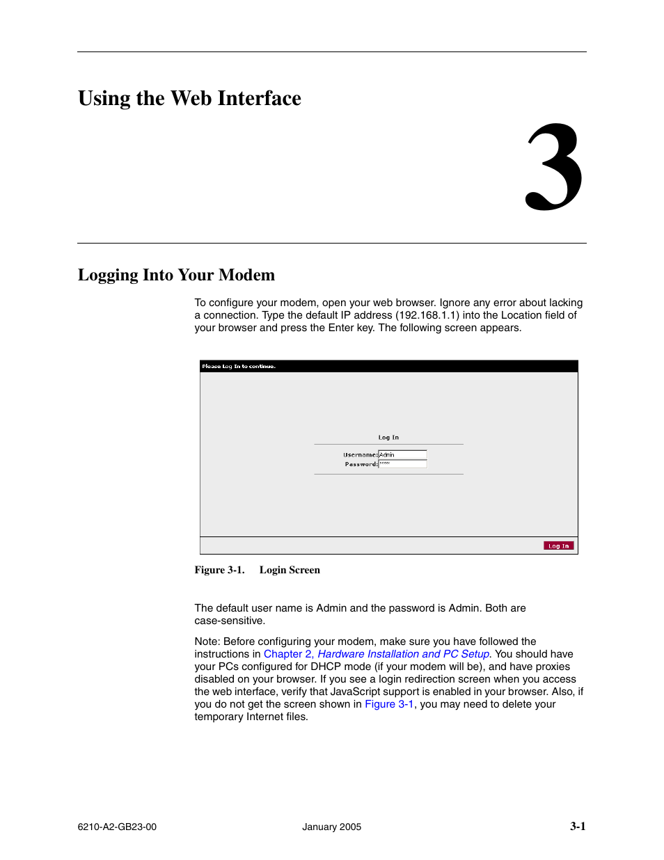 Using the web interface, Logging into your modem, Chapter 3, using the web interface | Paradyne 6211 User Manual | Page 29 / 72