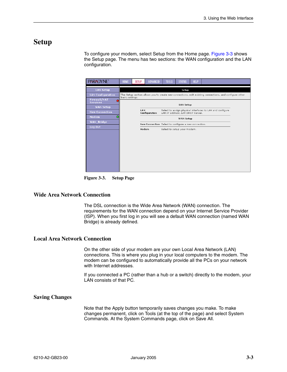 Setup, Wide area network connection, Local area network connection | Saving changes | Paradyne 6211 User Manual | Page 31 / 72