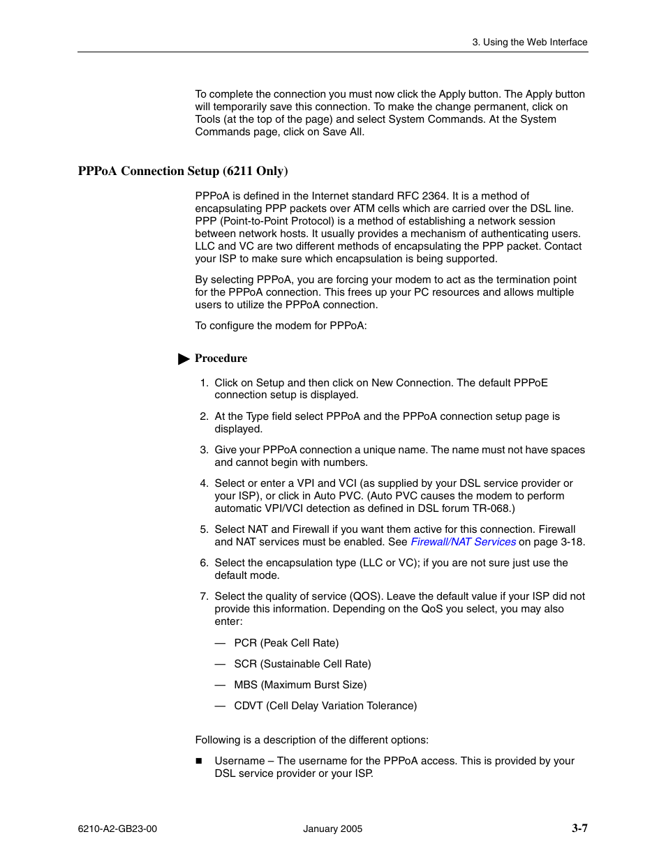 Pppoa connection setup (6211 only) | Paradyne 6211 User Manual | Page 35 / 72