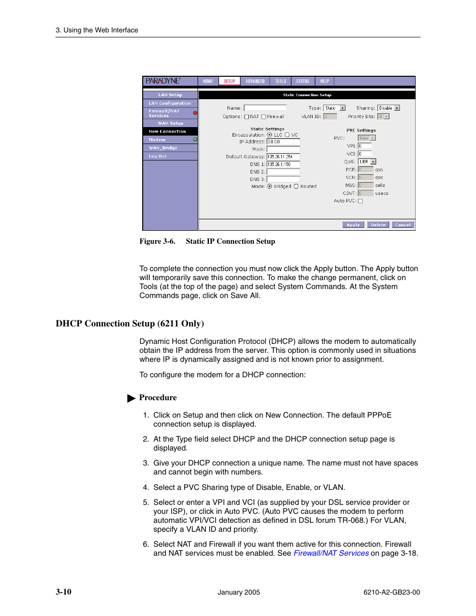 Dhcp connection setup (6211 only) | Paradyne 6211 User Manual | Page 38 / 72