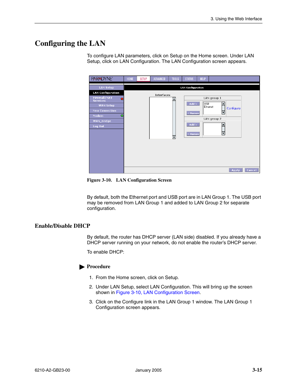 Configuring the lan, Enable/disable dhcp | Paradyne 6211 User Manual | Page 43 / 72