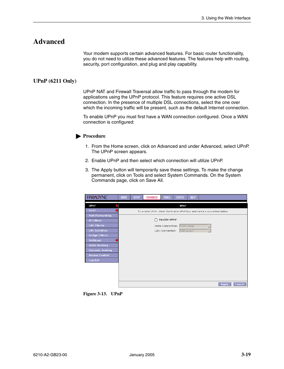 Advanced, Upnp (6211 only) | Paradyne 6211 User Manual | Page 47 / 72