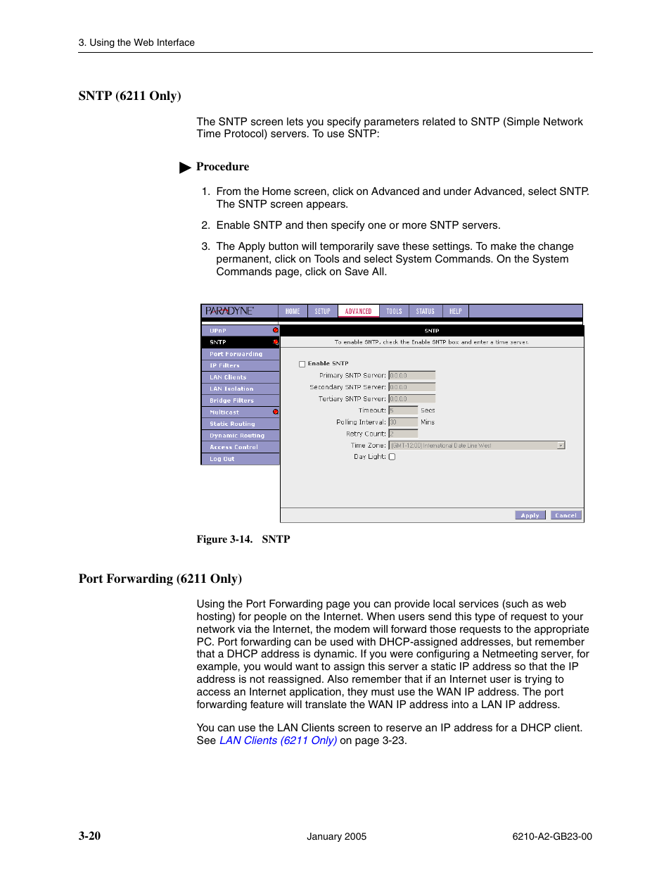 Sntp (6211 only), Port forwarding (6211 only) | Paradyne 6211 User Manual | Page 48 / 72