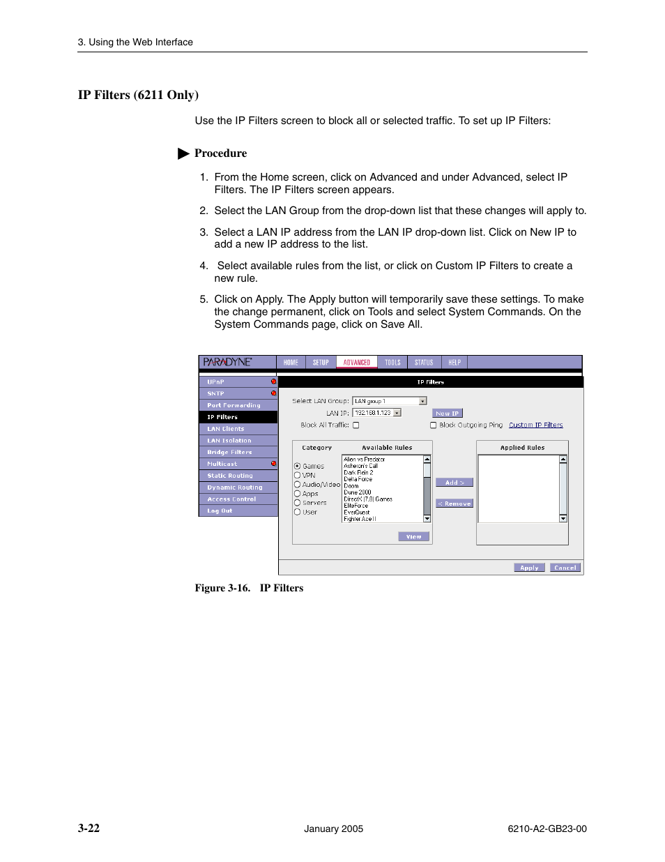 Ip filters (6211 only) | Paradyne 6211 User Manual | Page 50 / 72