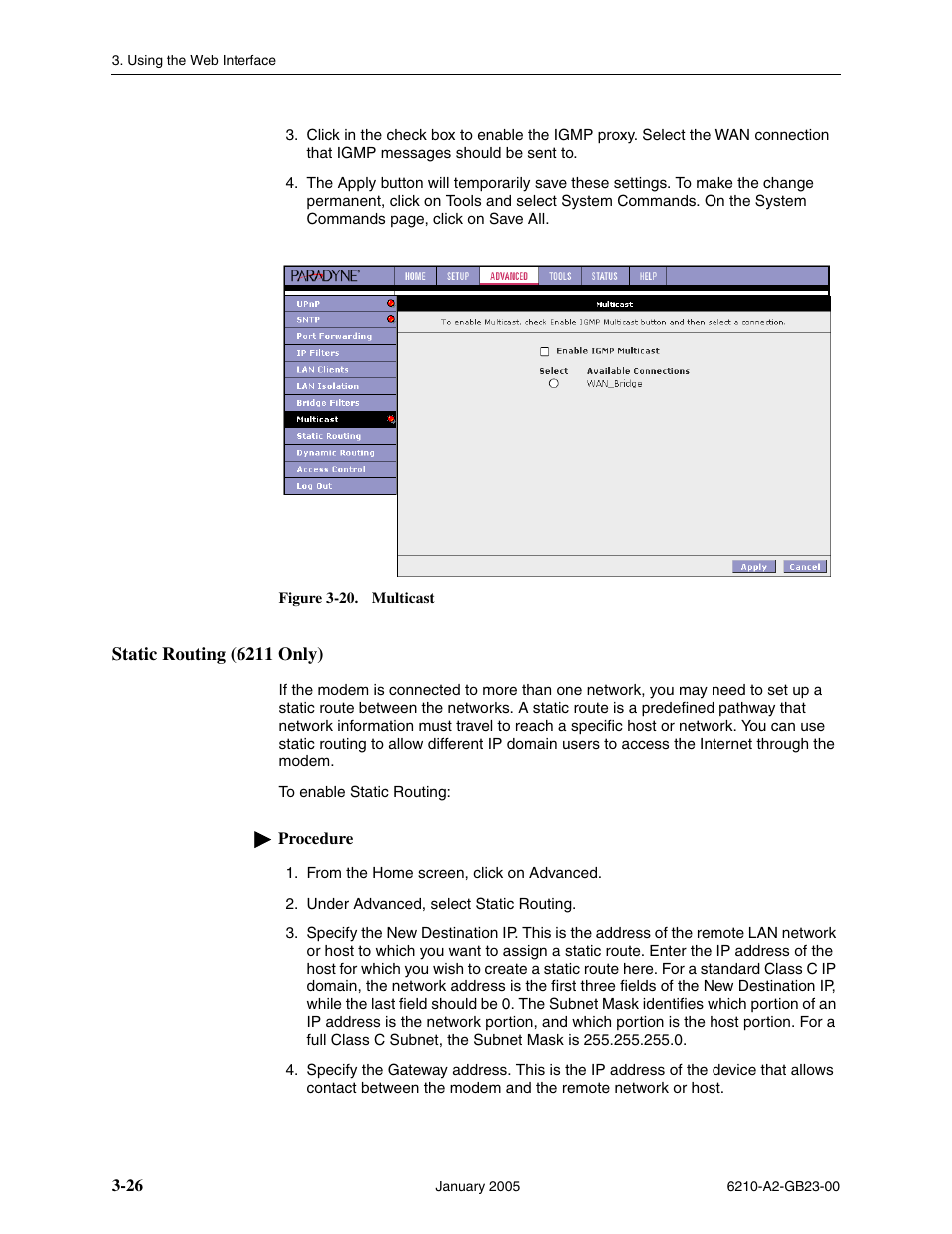 Static routing (6211 only) | Paradyne 6211 User Manual | Page 54 / 72