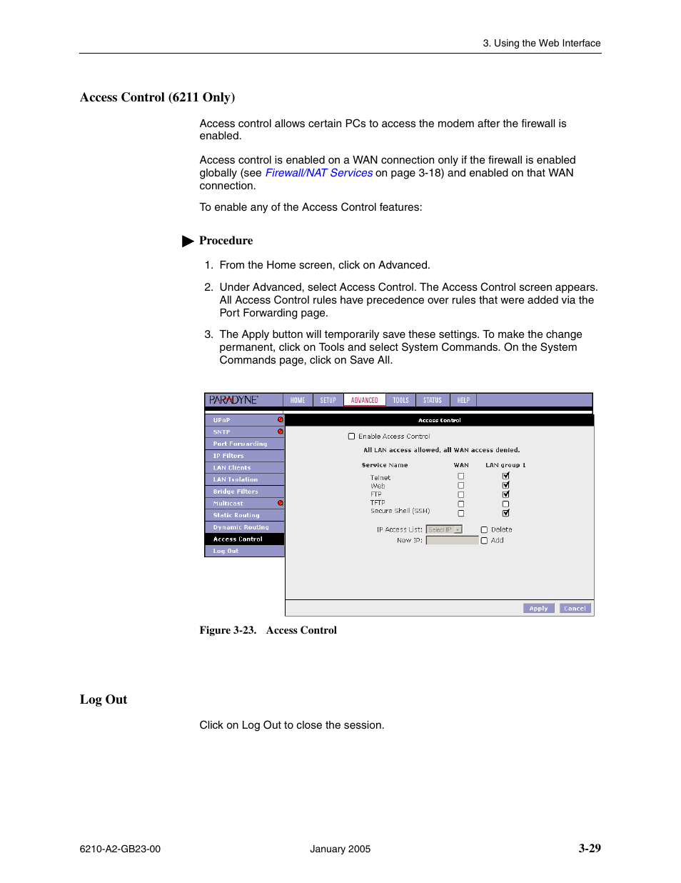 Access control (6211 only), Log out | Paradyne 6211 User Manual | Page 57 / 72