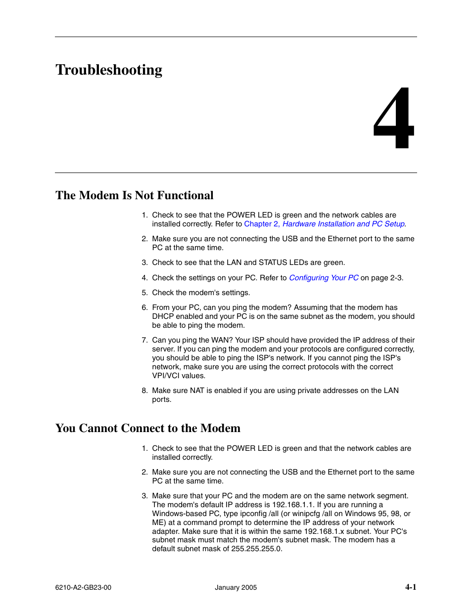 Troubleshooting, The modem is not functional, You cannot connect to the modem | Chapter 4, troubleshooting | Paradyne 6211 User Manual | Page 67 / 72