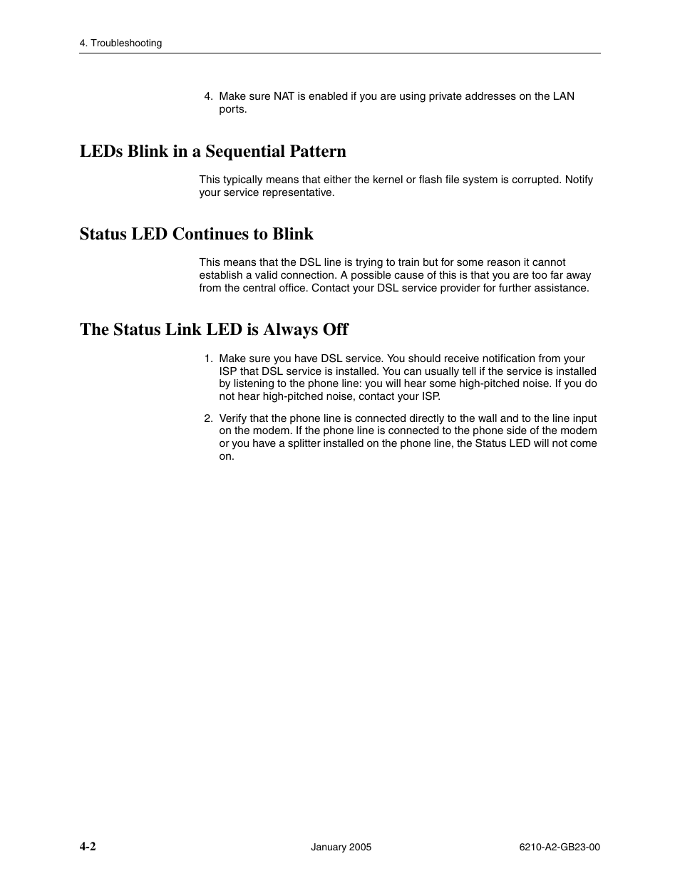 Leds blink in a sequential pattern, Status led continues to blink, The status link led is always off | Paradyne 6211 User Manual | Page 68 / 72