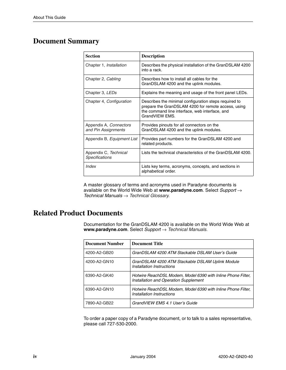 Document summary, Related product documents | Paradyne IP DSLAM GranDSLAM 4200 User Manual | Page 10 / 72