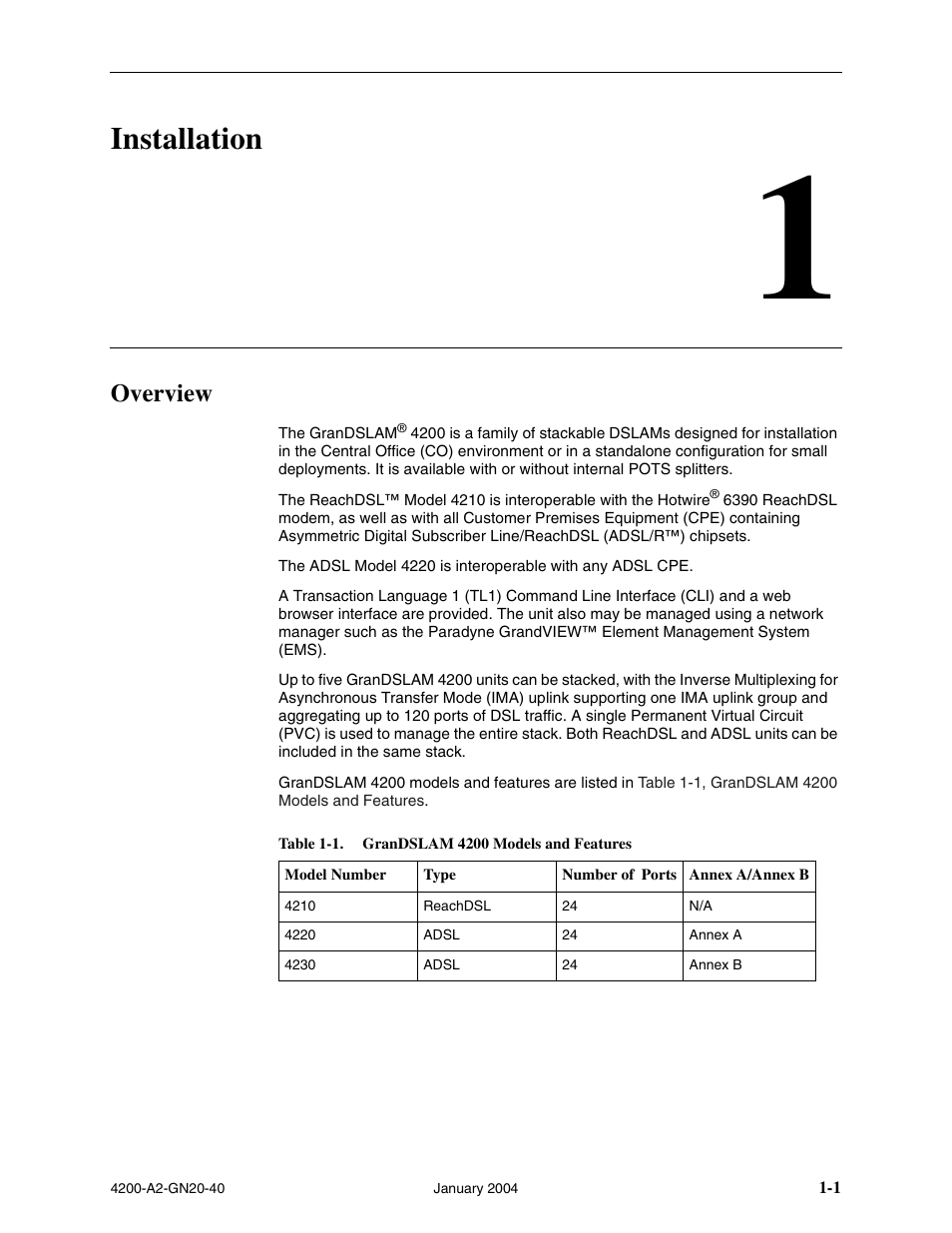 Installation, Overview, Chapter 1, installation | Paradyne IP DSLAM GranDSLAM 4200 User Manual | Page 11 / 72